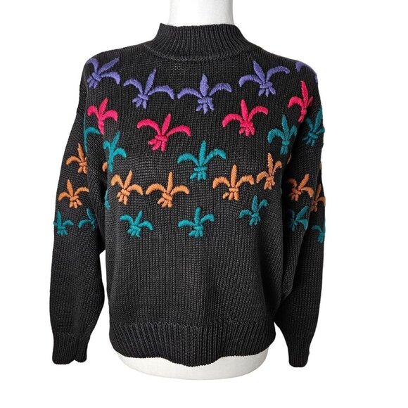 Le Moda Small Vintage Fleur-de-lis Y2K Hand Loomed & Embroidered Black Sweater - Picture 1 of 9